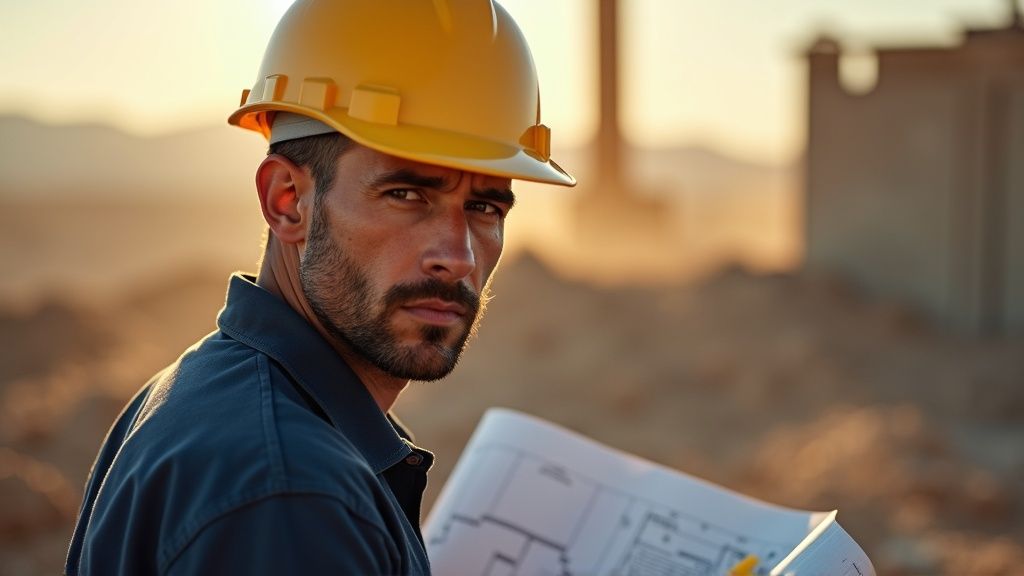 Construction foreman in branded work shirt and hard hat reviewing blueprints at a Las Vegas job site