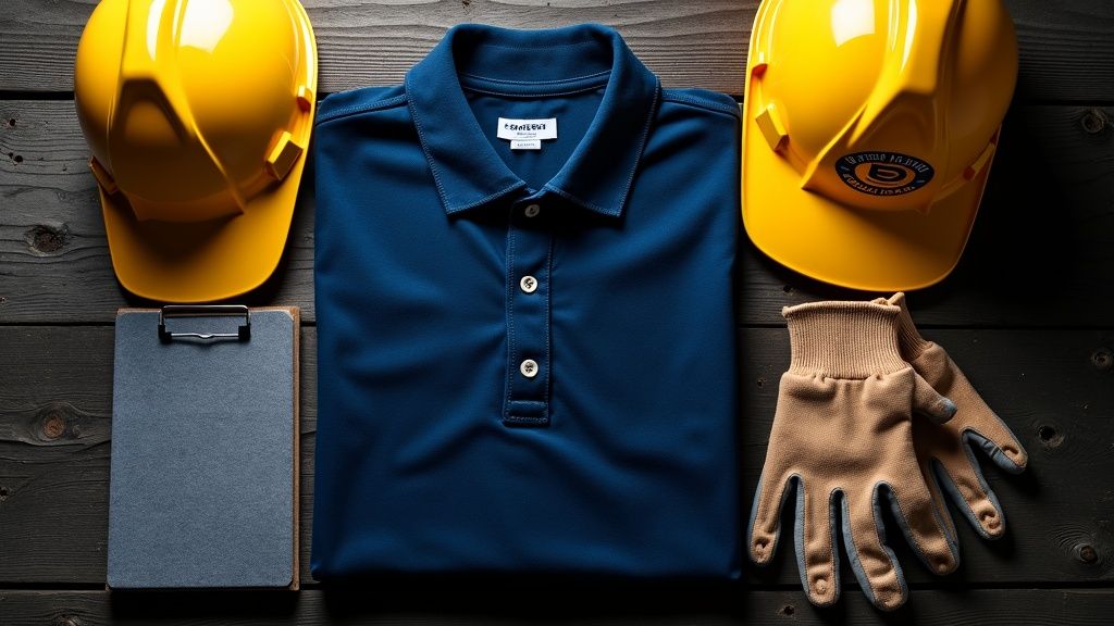 Branded apparel laid out — embroidered polos, tees, and caps ready to ship
