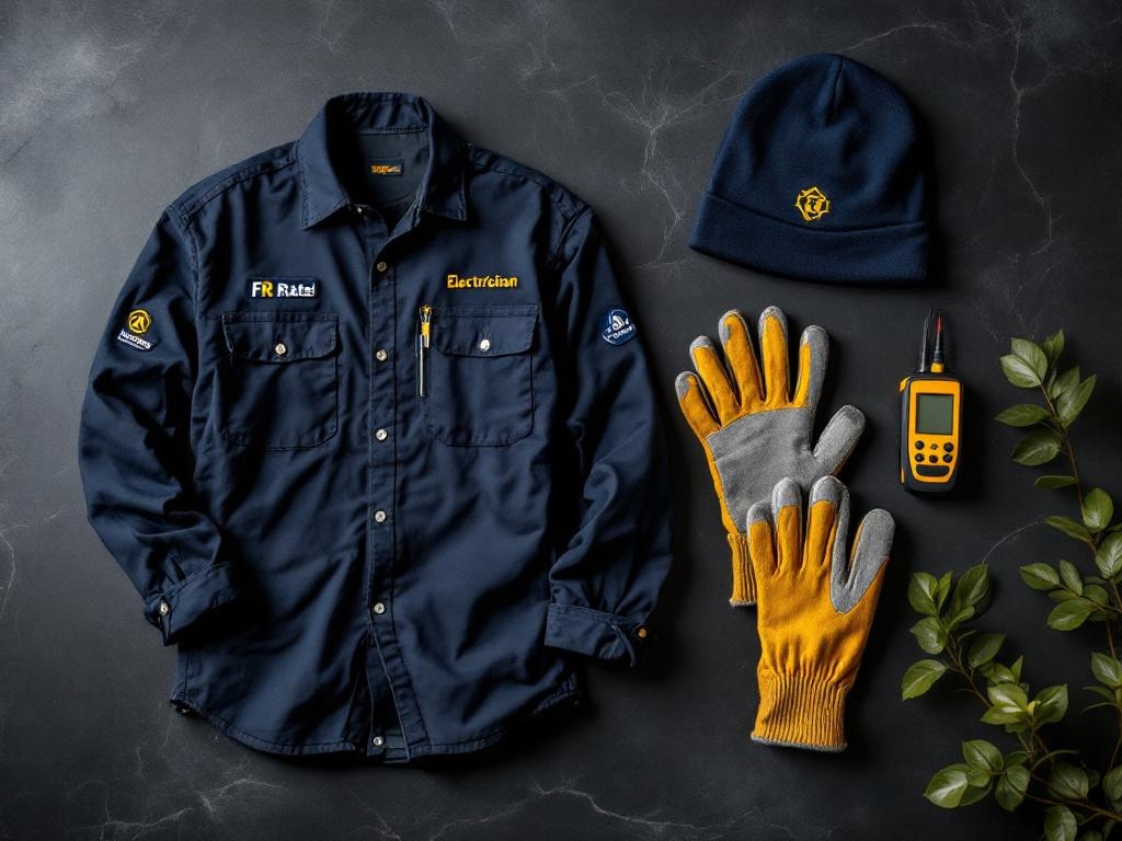 Construction crew in compliant PPE — hi-vis, hard hat, FR work shirt with embroidered company logo