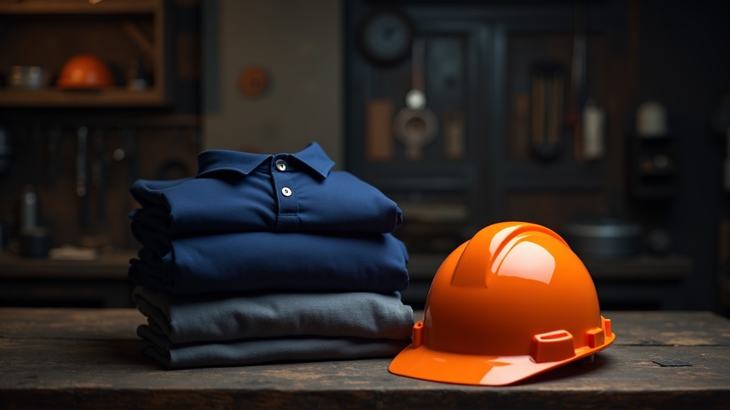 Stacked folded branded work shirts ready for delivery to a Las Vegas construction crew